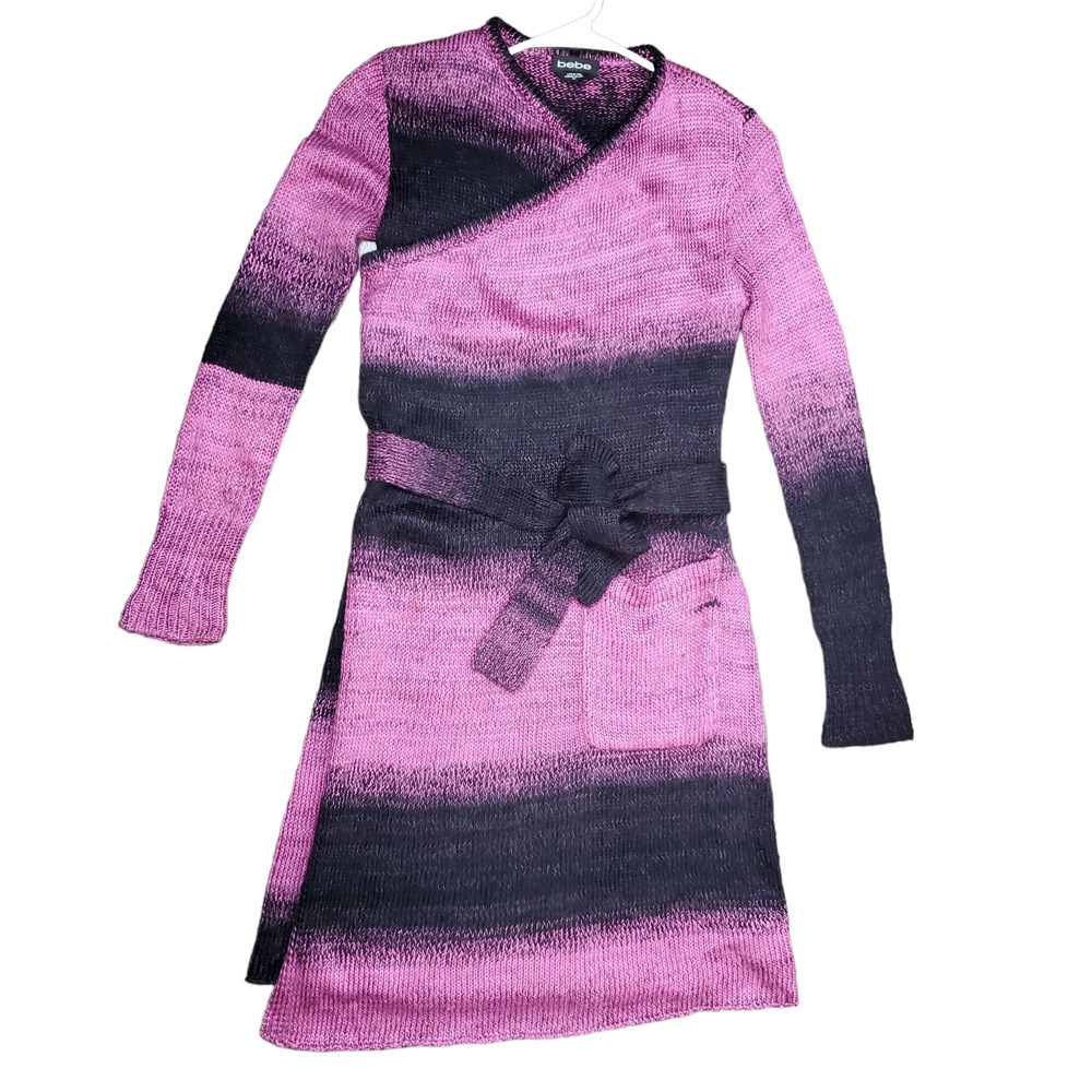 Bebe Removable Belted Black Fuschia Long Duster Cardigan Sweater Size Small
